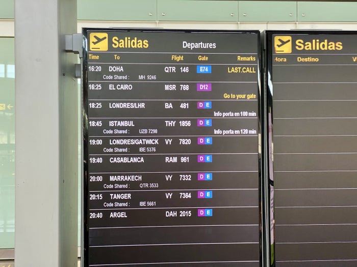British Airways Club Europe A321neo D and E gates departure board