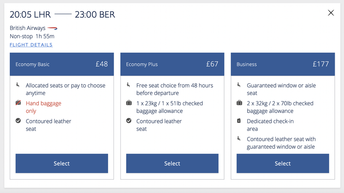 Cost of a BA flight from Heathrow to Berlin