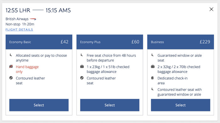 Cost of a BA flight from Heathrow to Amsterdam