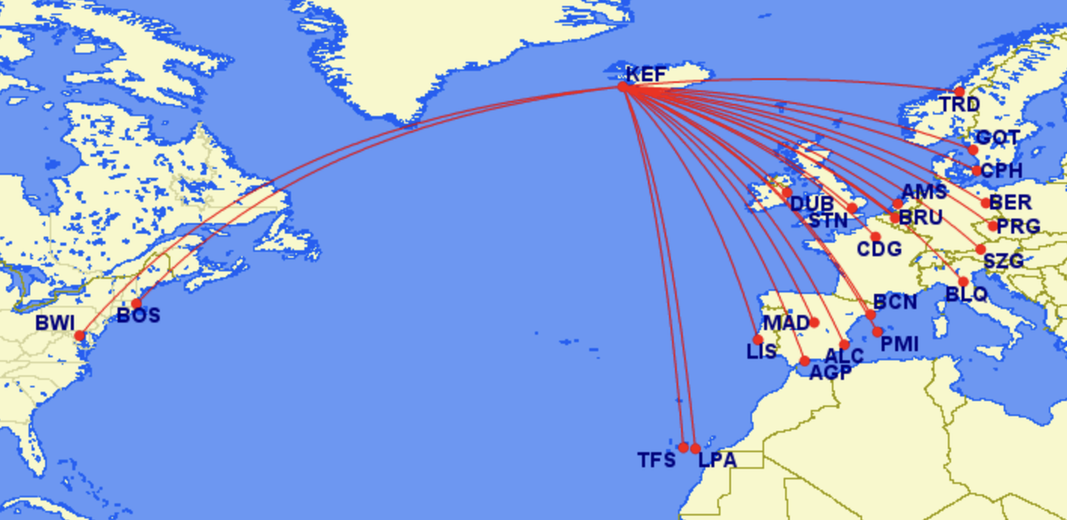 Map of PLAY's route network from US to Europe via Iceland