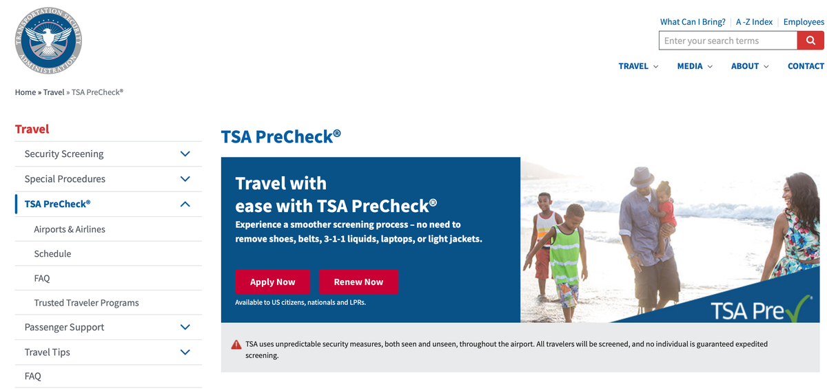 TSA PreCheck Homepage 2022