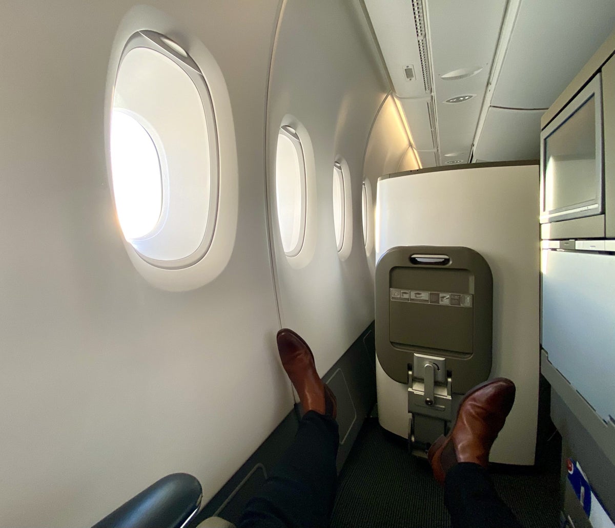 British Airways Club Europe A380 Club World seat 13K legroom and footrest