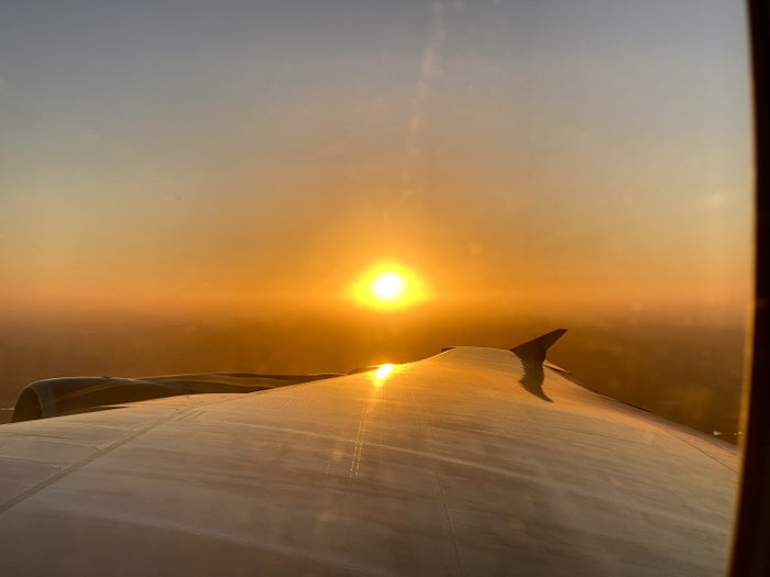 British Airways Club Europe A380 sunset over wing