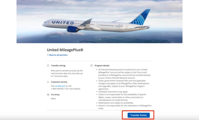 Chase Ultimate Rewards United Airline transfer page Chase Ultimate Rewards United Airline transfer page