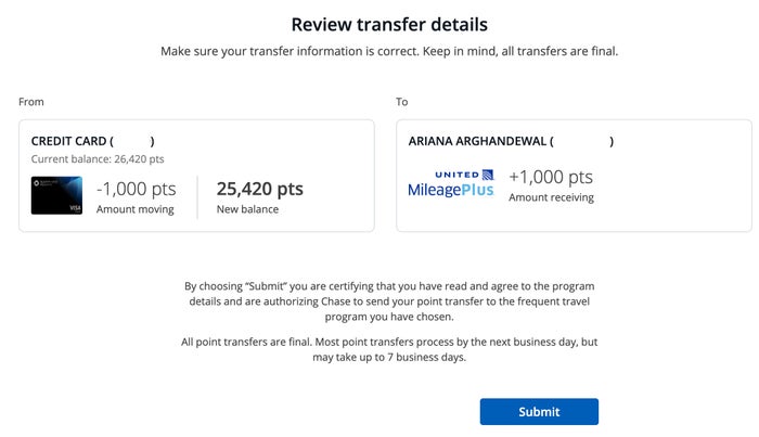 Chase transfer Chase Ultimate Rewards transfer confirmation page