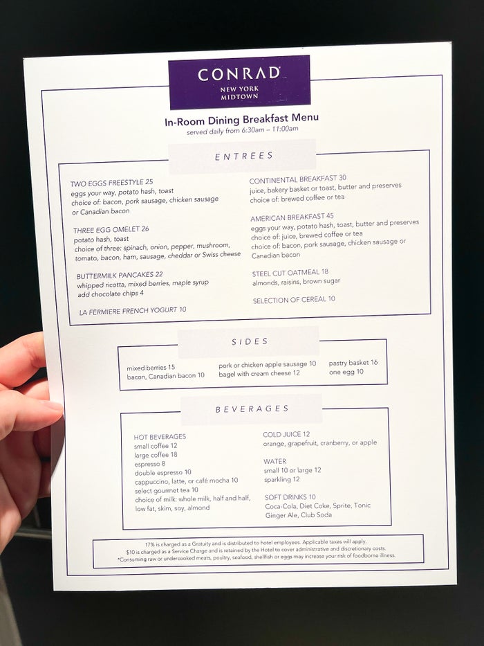 Conrad New York Midtown in room breakfast menu. 