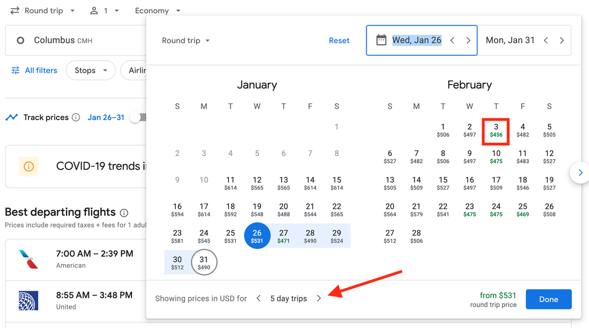 Google Flights calendar