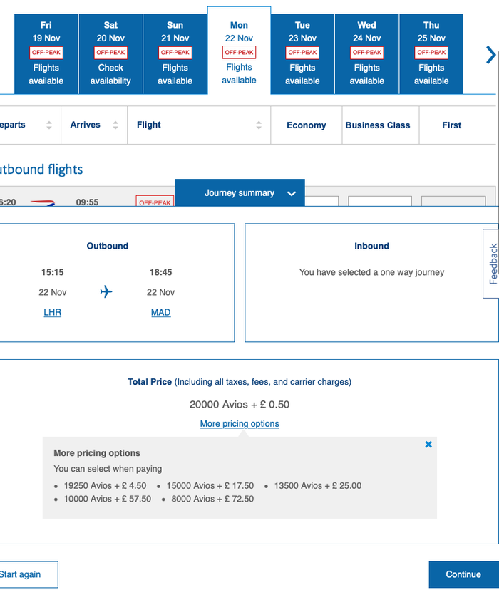 Avios cost for a British Airways flight in business class from London to Madrid