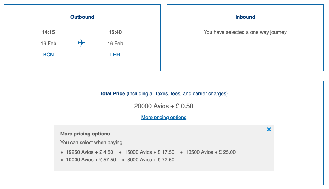 Cost of a flight with Avios from Barcelona to London in Club Europe