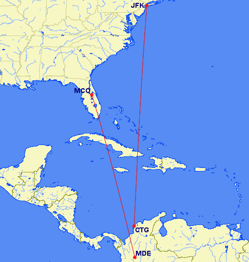 A map of Avianca's new routes to the U.S. from Colombia