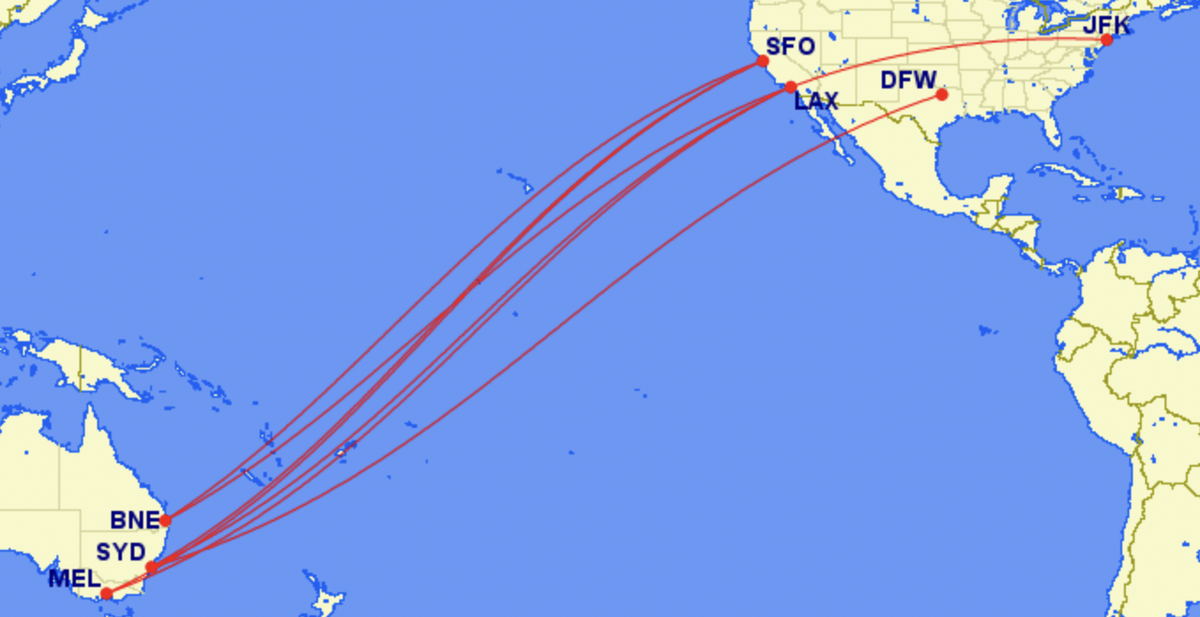 Qantas pre-pandemic routes to the U.S.