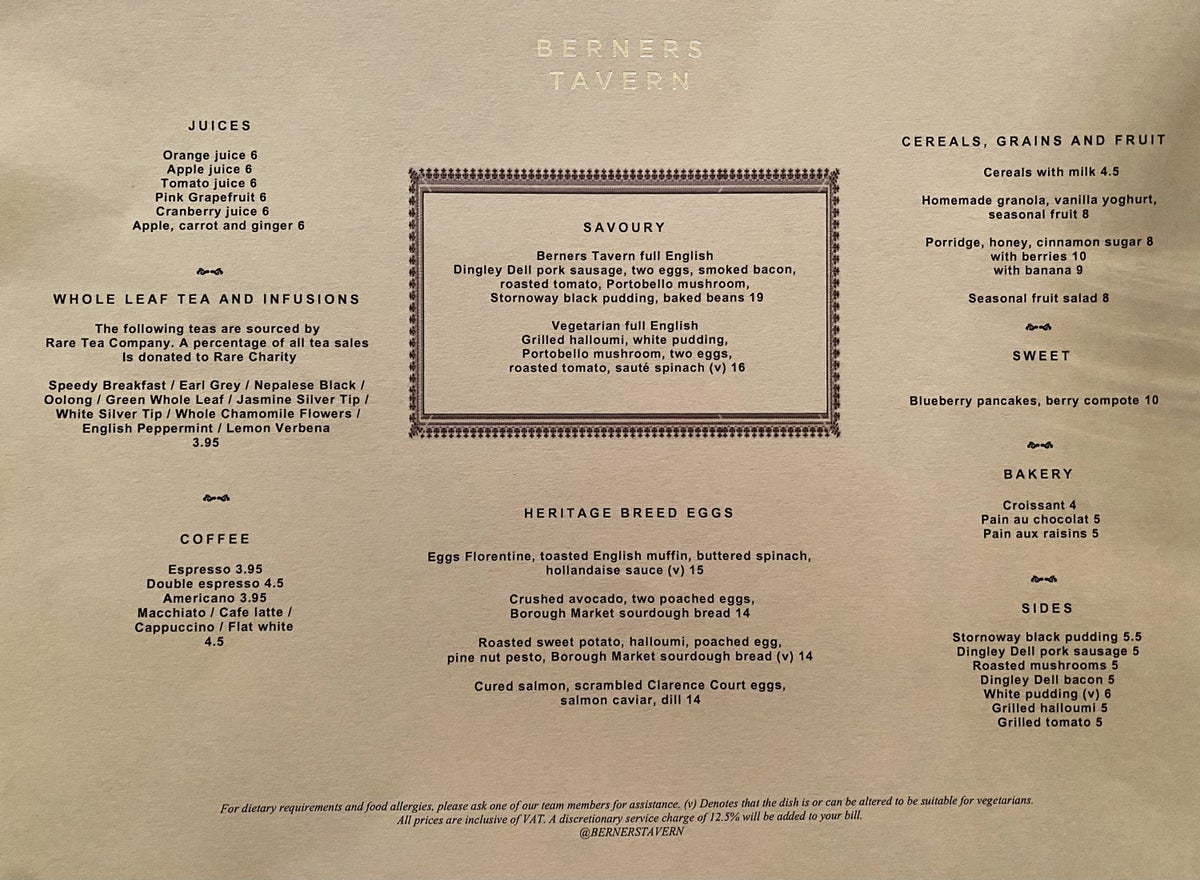 The London EDITION Berners Tavern breakfast menu