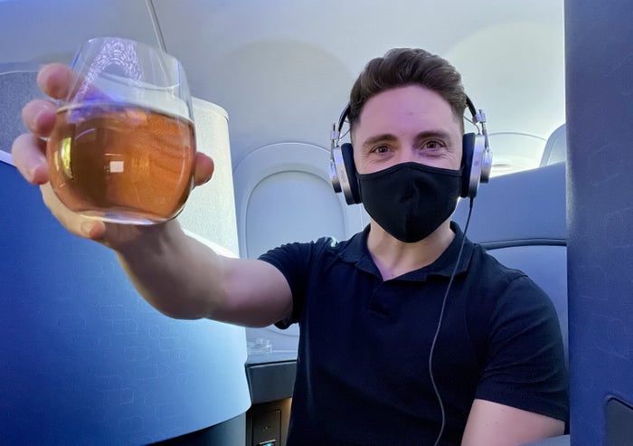 JetBlue Mint A321LR drink sparkling wine cheers