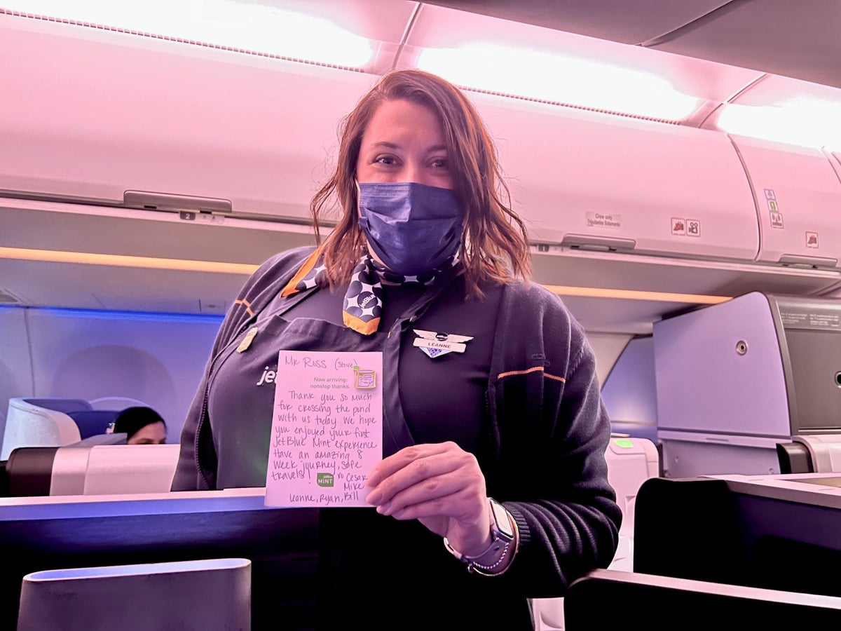 JetBlue Mint A321LR thank you note from Leanne