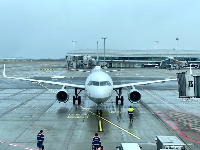 Lufthansa European business class Airbus A320 on stand at Prague