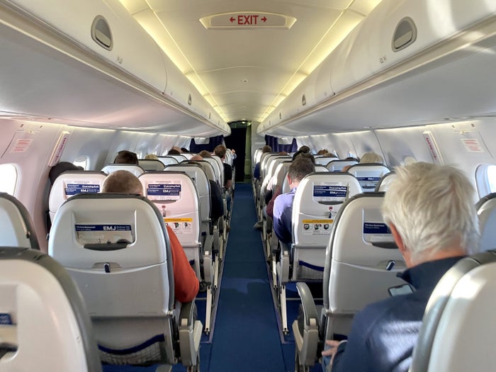Lufthansa European business class Embraer E190 middle of economy cabin Lufthansa European business class Embraer E190 middle of economy cabin