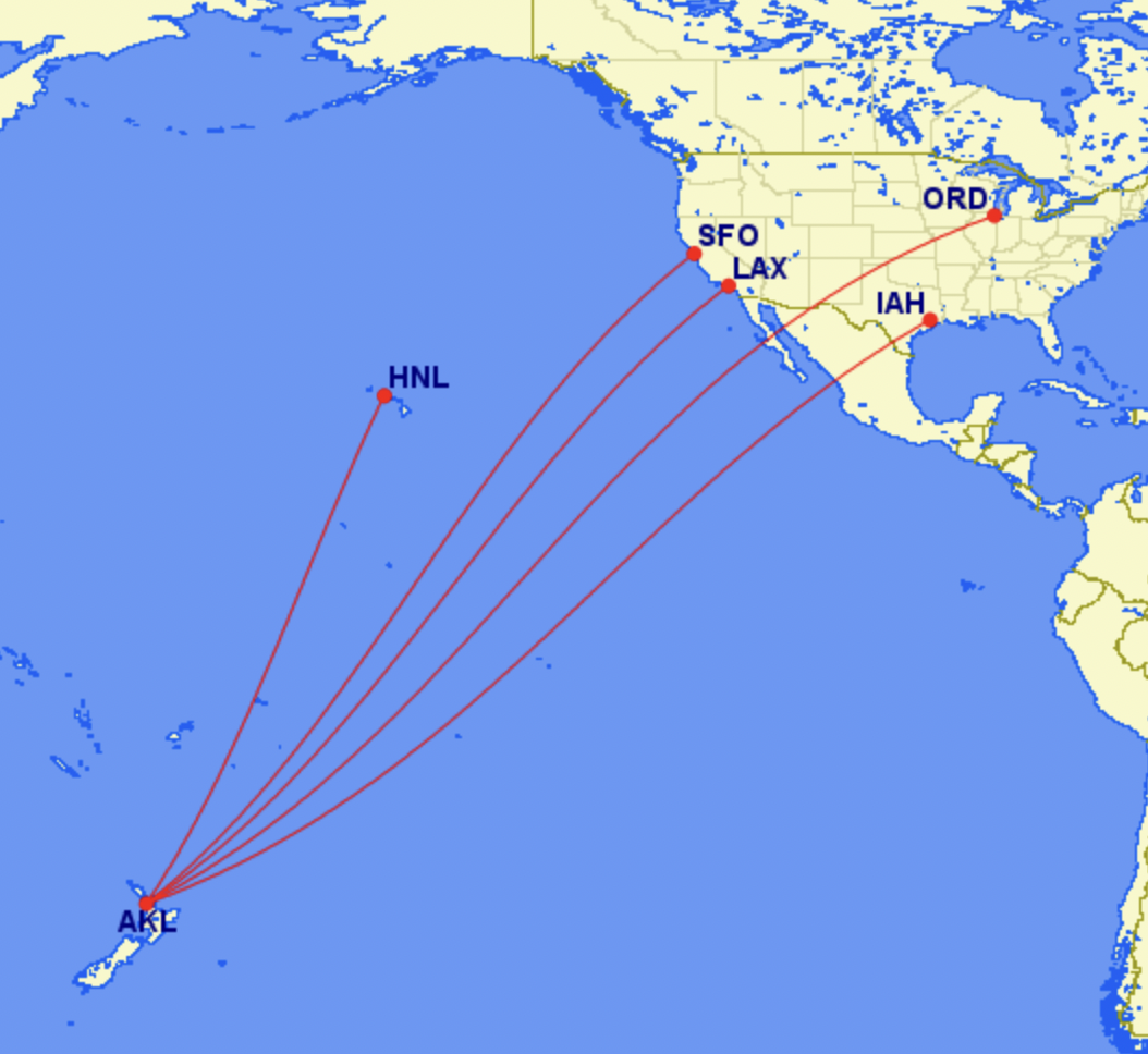 Air New Zealand routes from Auckland to US
