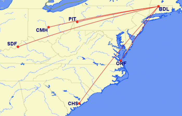 Breeze's route map from Bradley International Airport