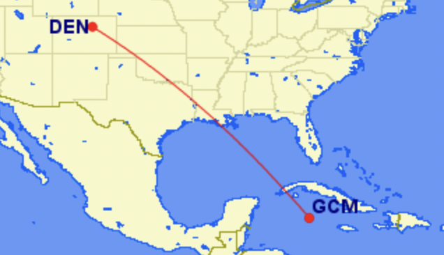 Cayman Airways' route from Denver (DEN) to Grand Cayman (GCM)