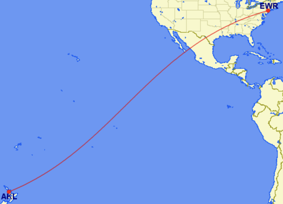Air New Zealand's route from Auckland to Newark