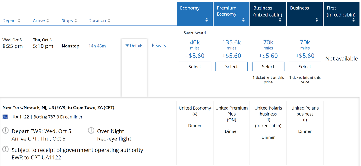 United Airlines Cape Town Saver Award