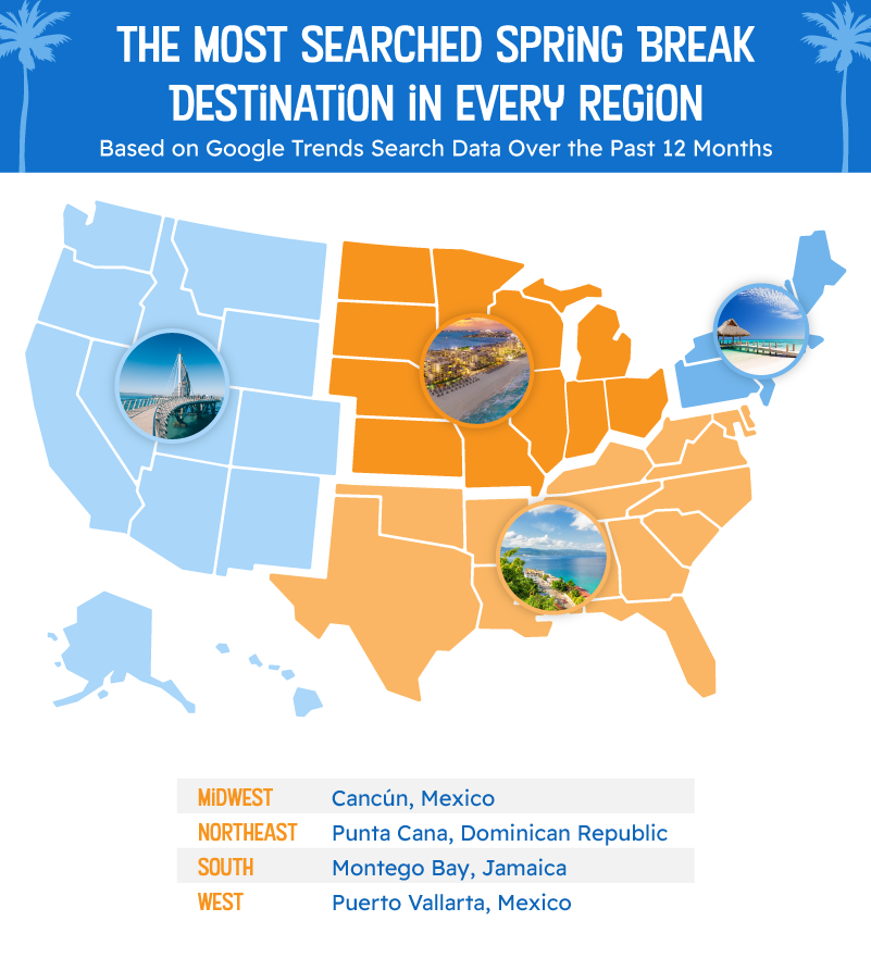 A chart depicting every U.S. region’s most searched for spring break destination