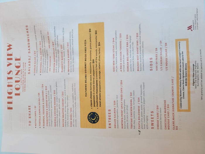 SFO Marriott Flight View Menu