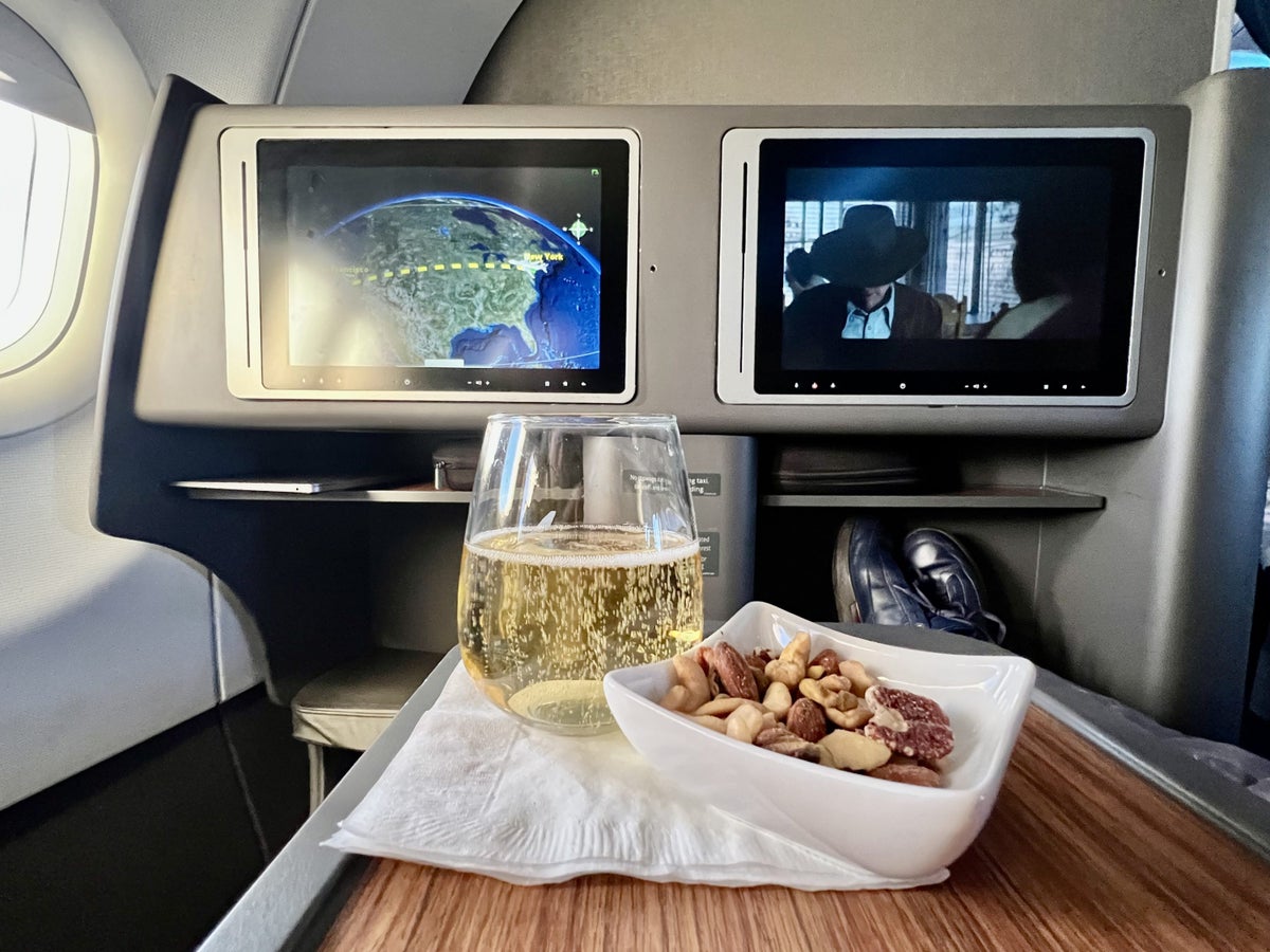 American Airlines A321T Flagship Business FB Champagne and warm nuts