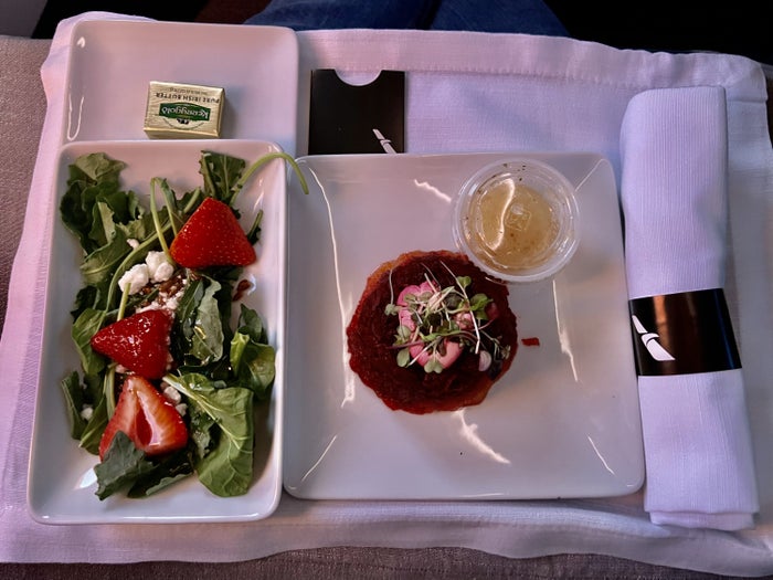 American Airlines A321T Flagship Business FB starter and salad