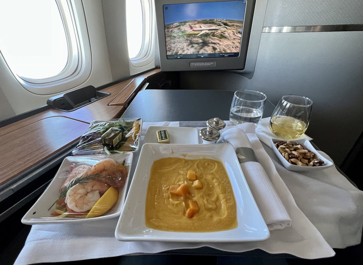 American Airlines Boeing 777 300 Flagship First FB starter of soup and salads