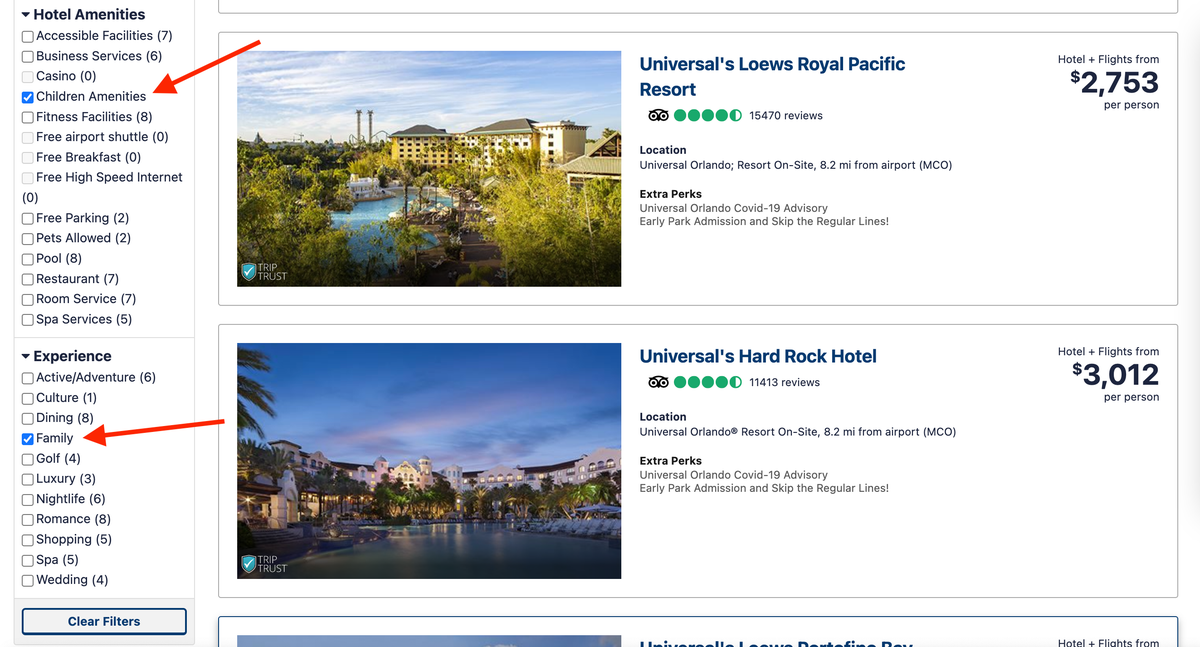 Apple Vacations family filtering options