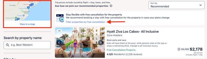 Expedia search and filter options