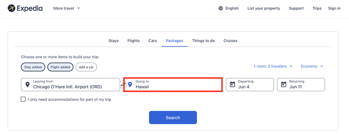 Hawaii vacation package search on Expedia