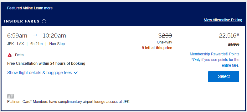 JFK to LAX Amex Travel Pay with Points