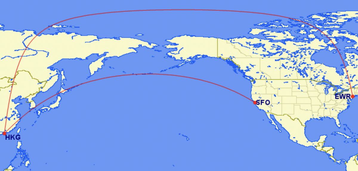 Map of United's Routes to Hong Kong from U.S.