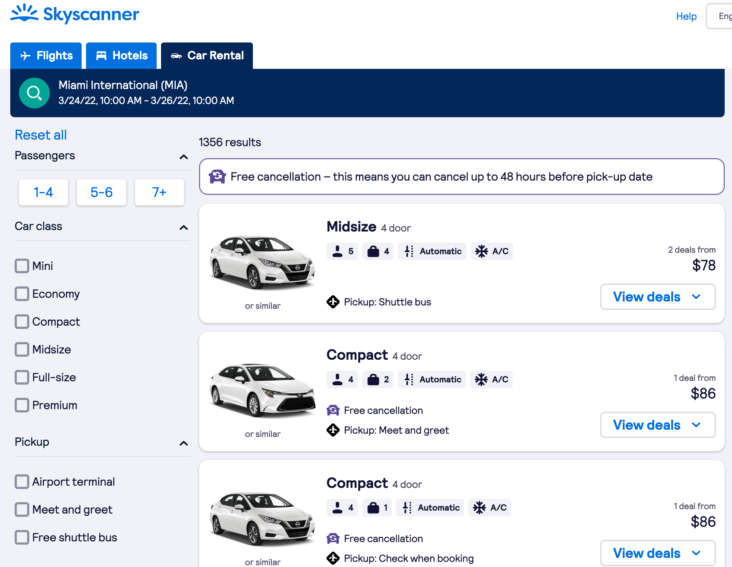 Skyscanner car rental search results