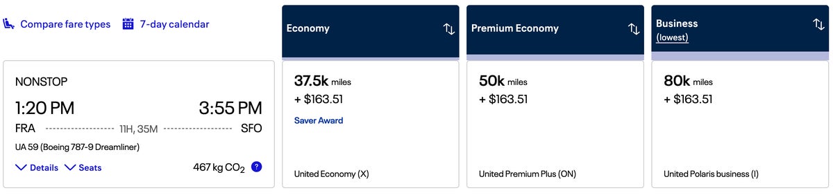 United FRA SFO award flight dec 2025