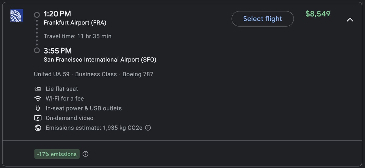 United FRA SFO business class fare dec 2025