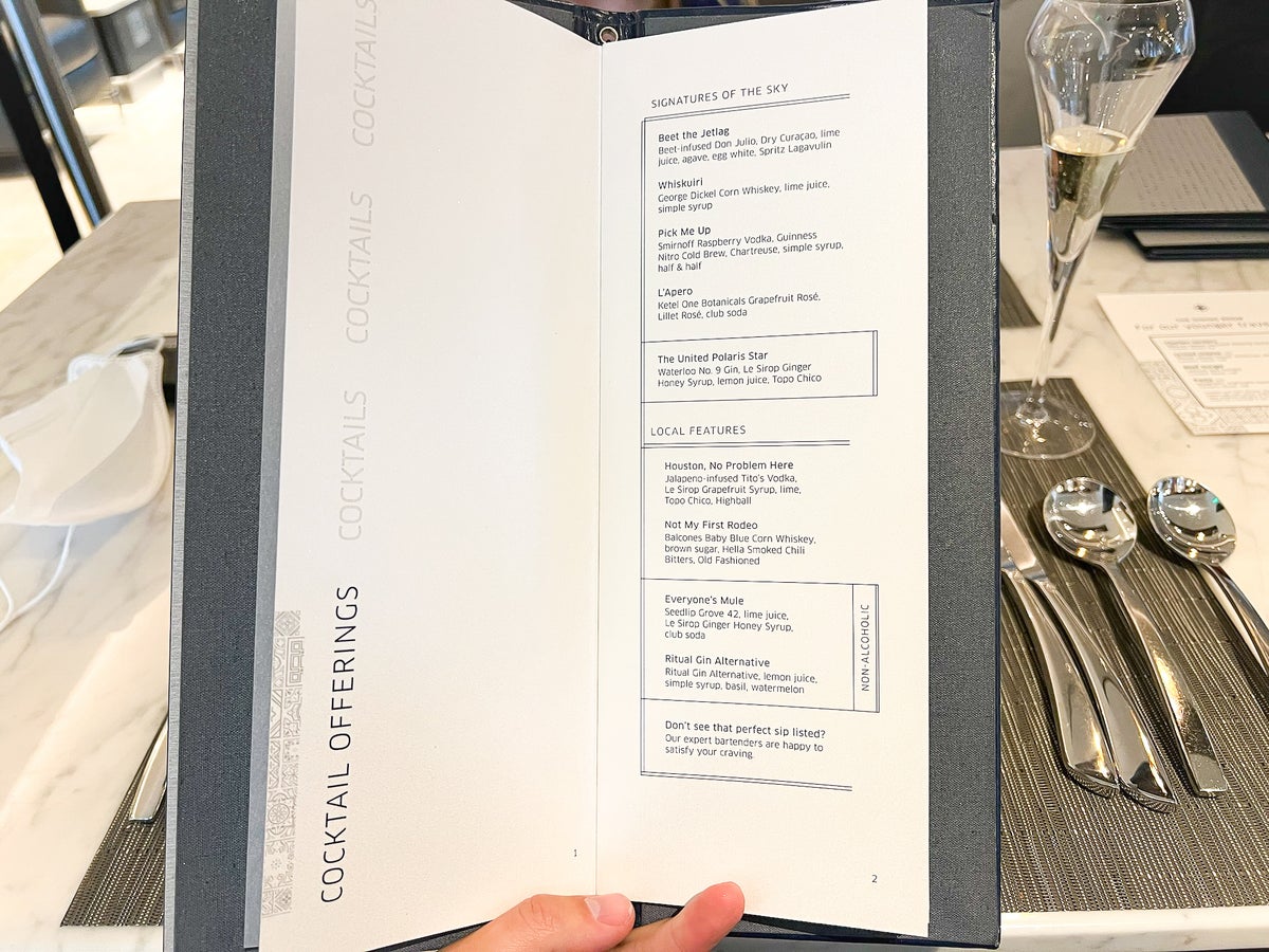 United Polaris Lounge Houston IAH cocktail menu