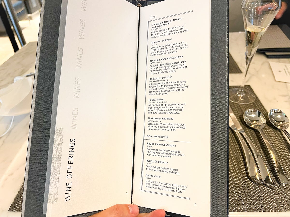 United Polaris Lounge Houston IAH red wine menu