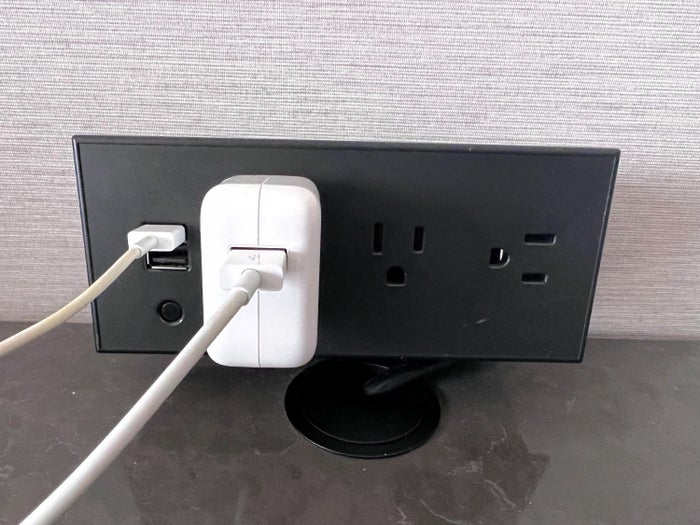 Hyatt Regency Deerfield plugs by the bed