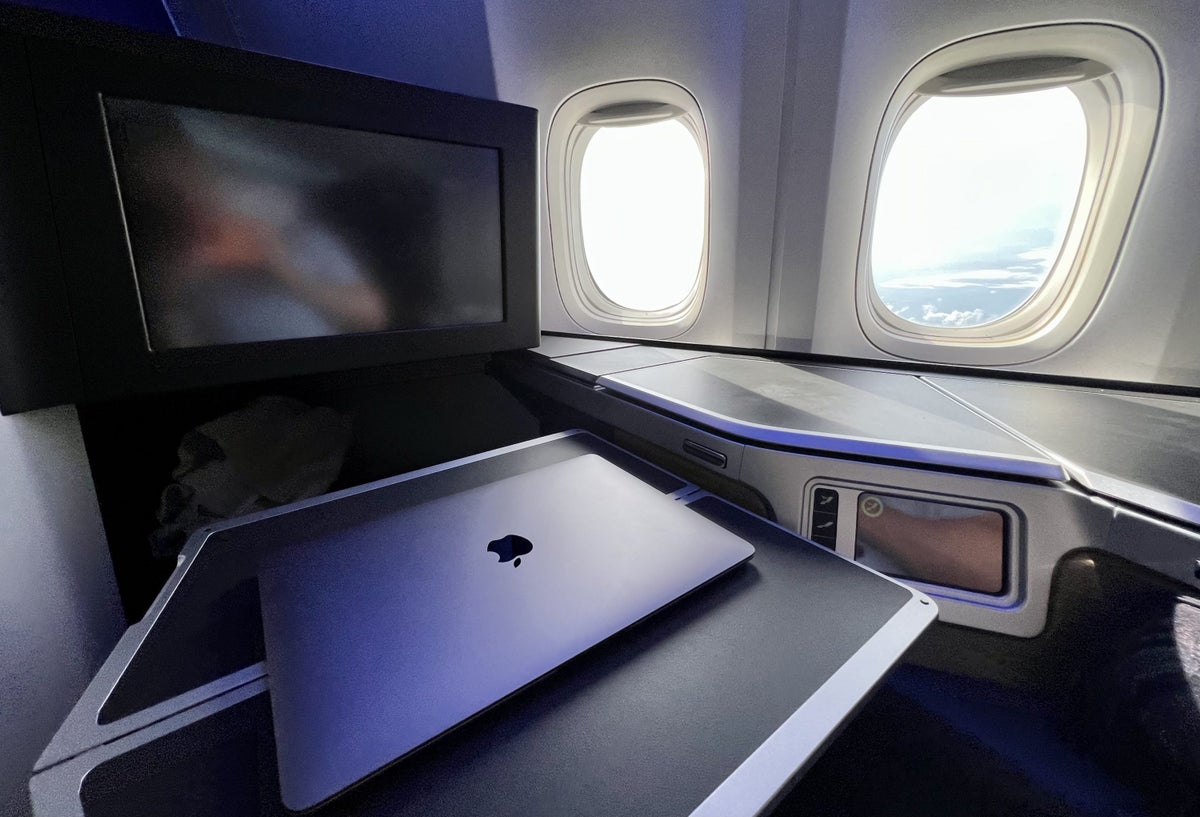 British Airways Boeing 777 300 Club Suite seat table with laptop
