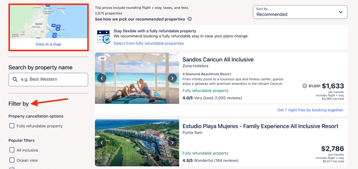 Cancun vacation package search on Expedia