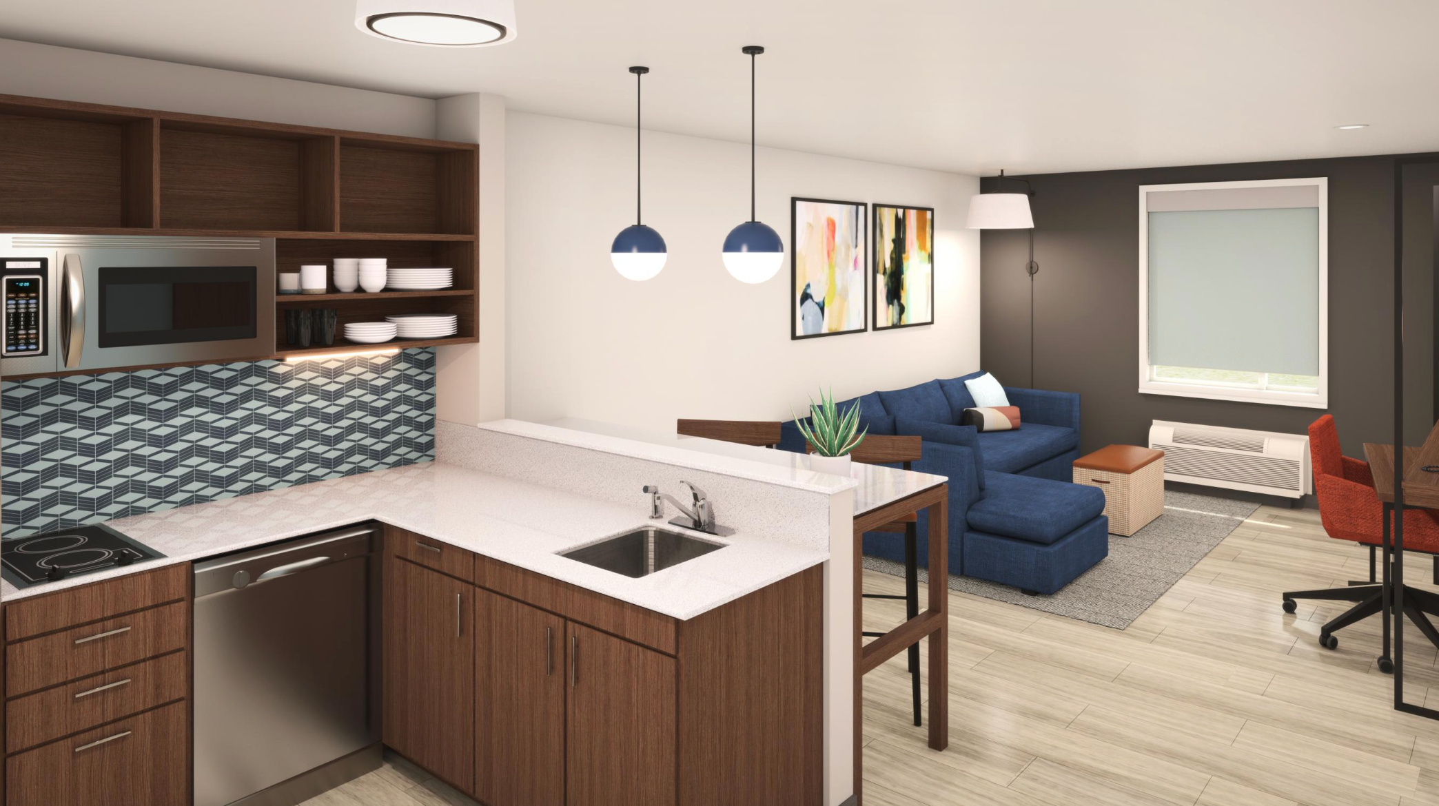 Everhome Suites kitchen and living areas