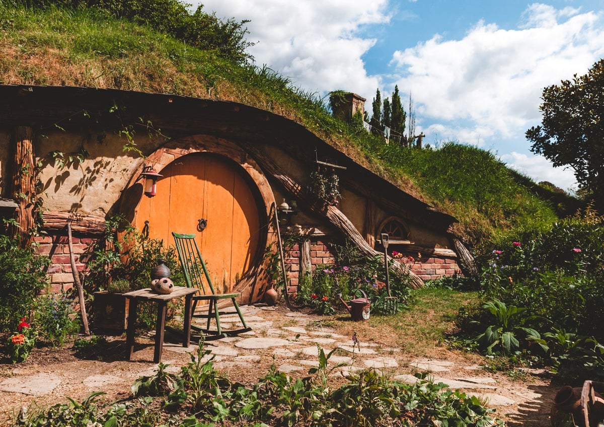 An exterior photo of the from door of Hobbiton New Zealand.