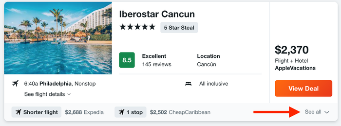 Kayak Cancun vacation search results