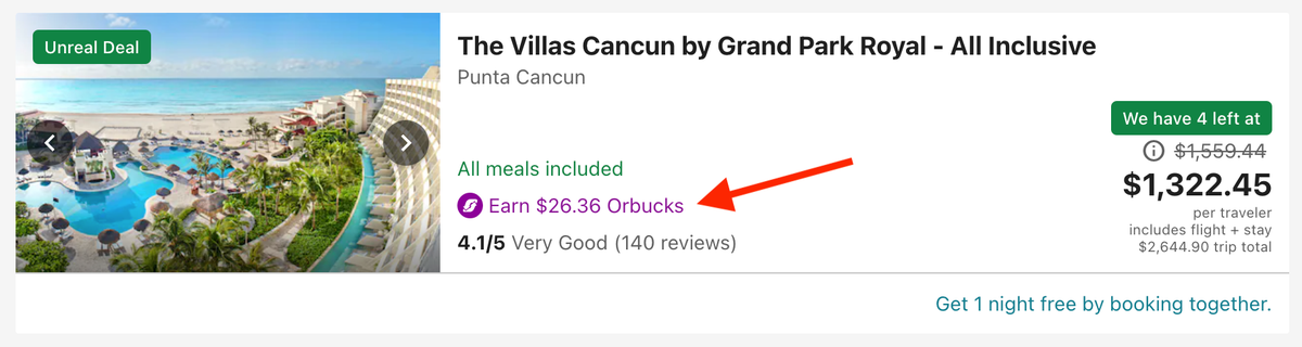 Orbucks earnings on Cancun vacation package