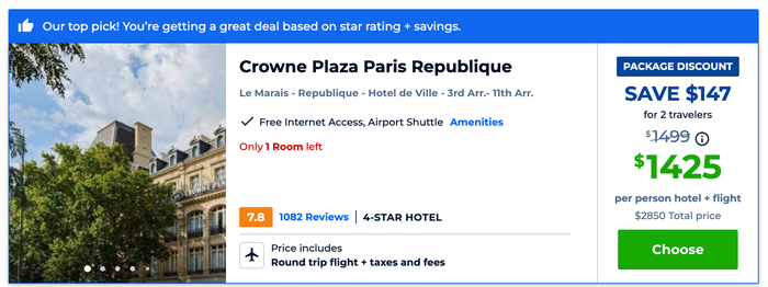 Priceline European vacation package search results