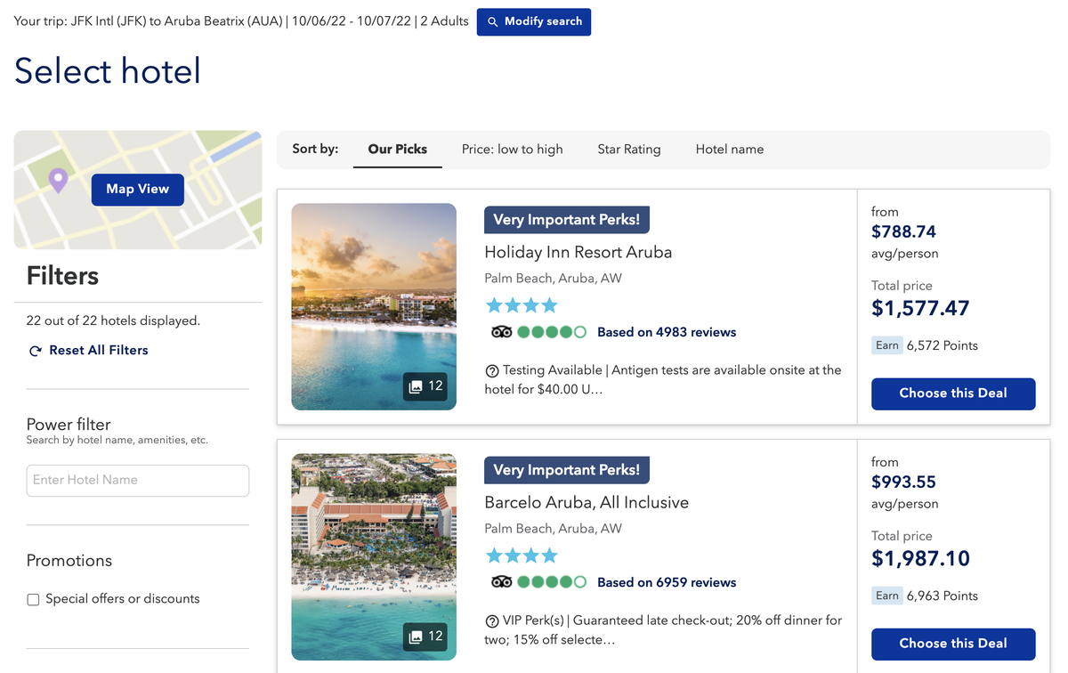 JetBlue Vacations hotel search