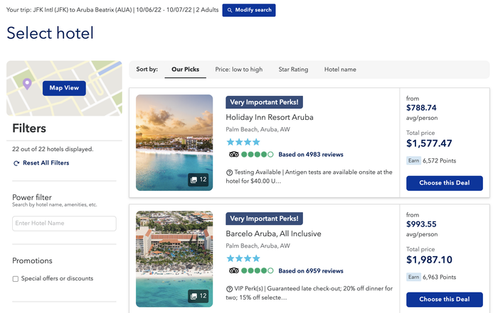JetBlue Vacations hotel search